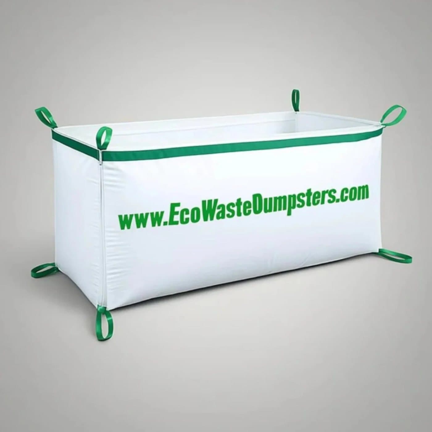 The white Eco Waste Dumpster Bag with green lifting straps and www.EcoWasteDumpsters.com printed on the side