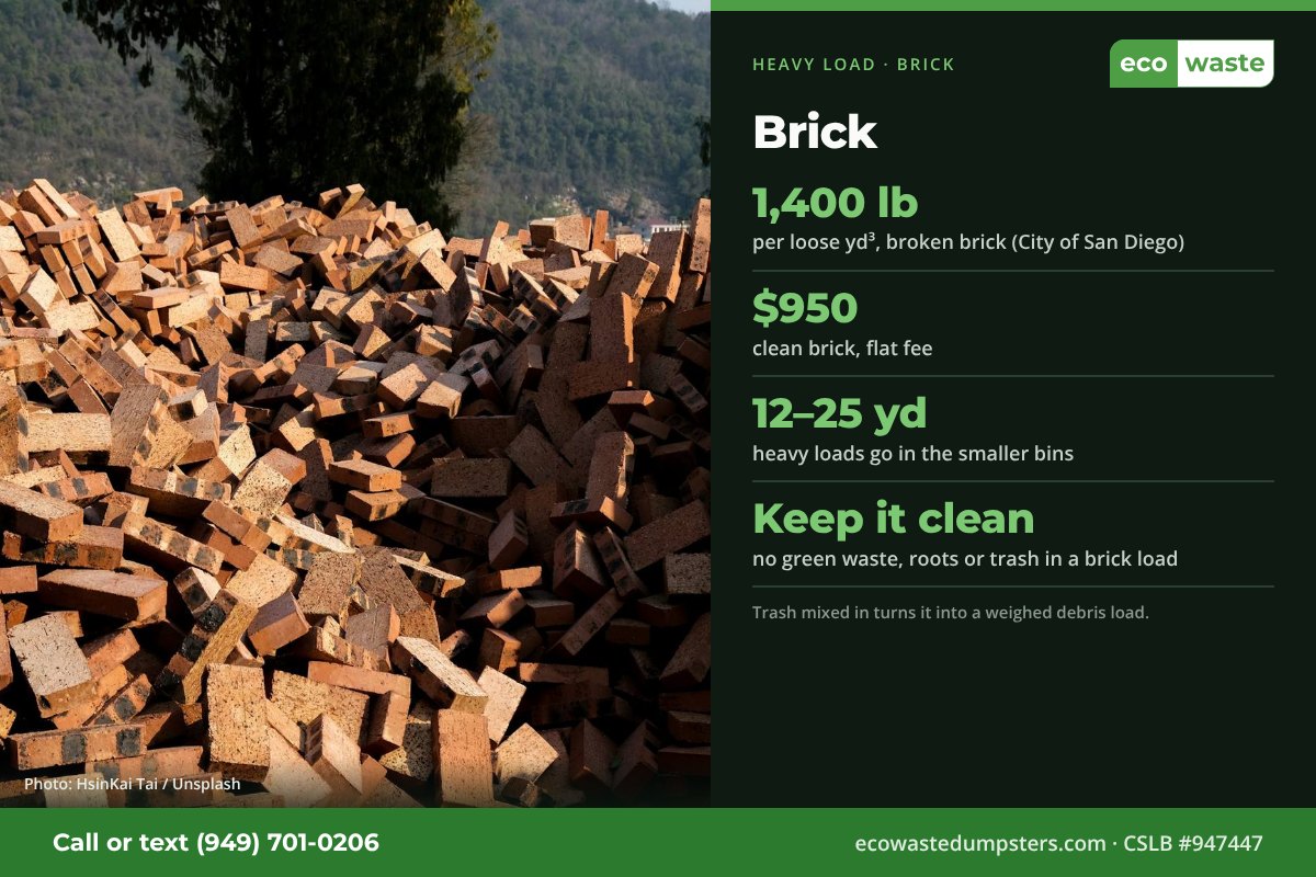 Broken brick weighs about 1,400 lb per loose cubic yard. Clean brick is a $950 flat fee with Eco Waste; no green waste, roots or trash in the load.