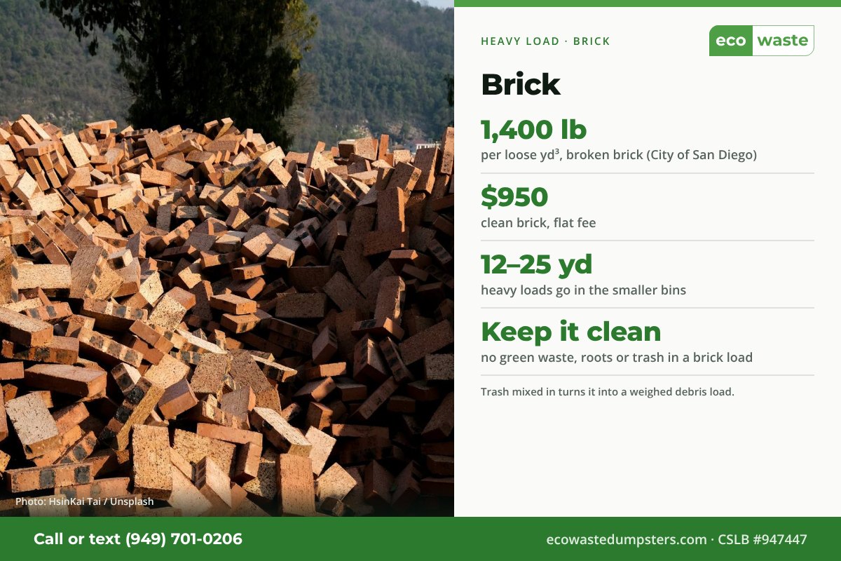 Broken brick weighs about 1,400 lb per loose cubic yard. Clean brick is a $950 flat fee with Eco Waste; no green waste, roots or trash in the load.