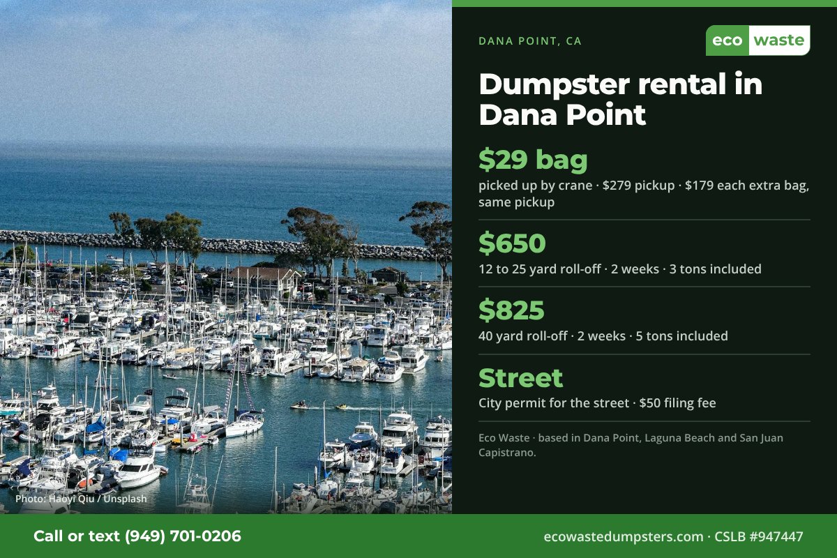 Dumpster bags and dumpster rental in Dana Point, California from Eco Waste: $29 dumpster bag, $279 pickup, $179 for each extra bag on the same pickup; 12 to 25 yard roll-off $650 and 40 yard $825 for two weeks. City permit for the street · $50 filing fee.