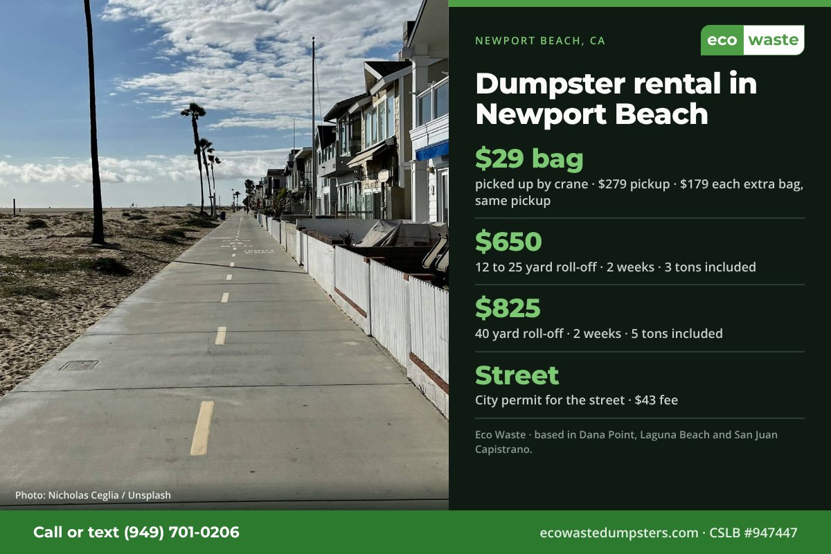 Dumpster bags and dumpster rental in Newport Beach, California from Eco Waste: $29 dumpster bag, $279 pickup, $179 for each extra bag on the same pickup; 12 to 25 yard roll-off $650 and 40 yard $825 for two weeks. City permit for the street · $43 fee.