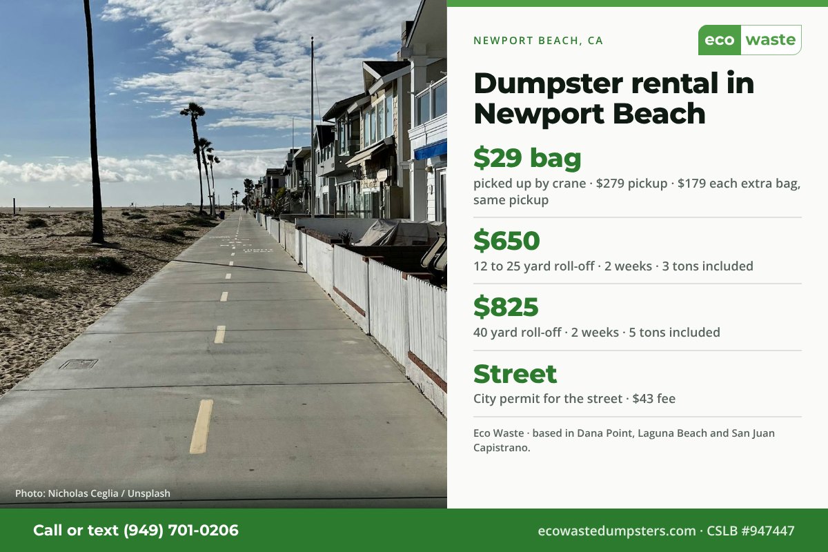 Dumpster bags and dumpster rental in Newport Beach, California from Eco Waste: $29 dumpster bag, $279 pickup, $179 for each extra bag on the same pickup; 12 to 25 yard roll-off $650 and 40 yard $825 for two weeks. City permit for the street · $43 fee.