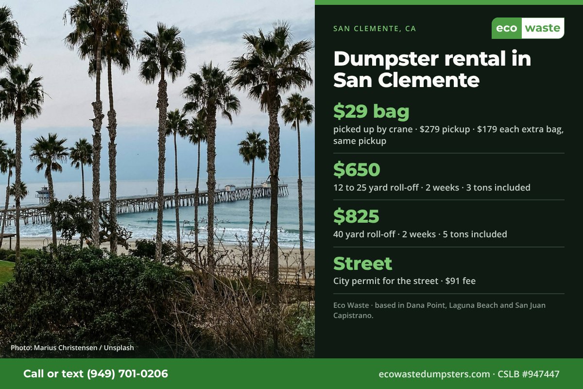 Dumpster bags and dumpster rental in San Clemente, California from Eco Waste: $29 dumpster bag, $279 pickup, $179 for each extra bag on the same pickup; 12 to 25 yard roll-off $650 and 40 yard $825 for two weeks. City permit for the street · $91 fee.