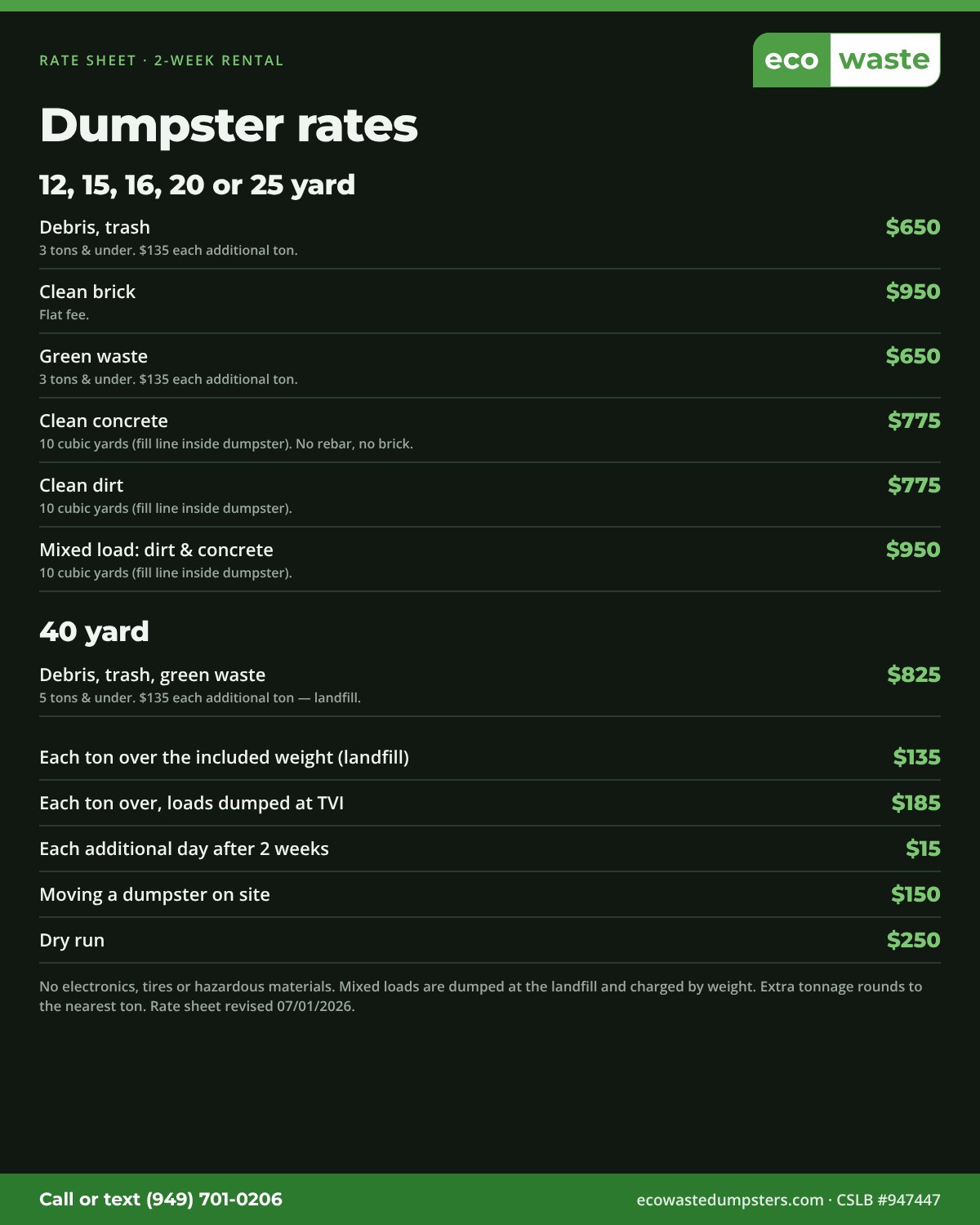 Eco Waste rate sheet, revised 07/01/2026. 12 to 25 yard: debris or green waste $650 up to 3 tons, clean concrete or clean dirt $775 to the 10-yard fill line, dirt and concrete mixed $950, clean brick $950 flat. 40 yard debris $825 up to 5 tons. $135 per extra ton ($185 for loads dumped at TVI), $15 per extra day, $150 to move a bin on site, $250 dry run.