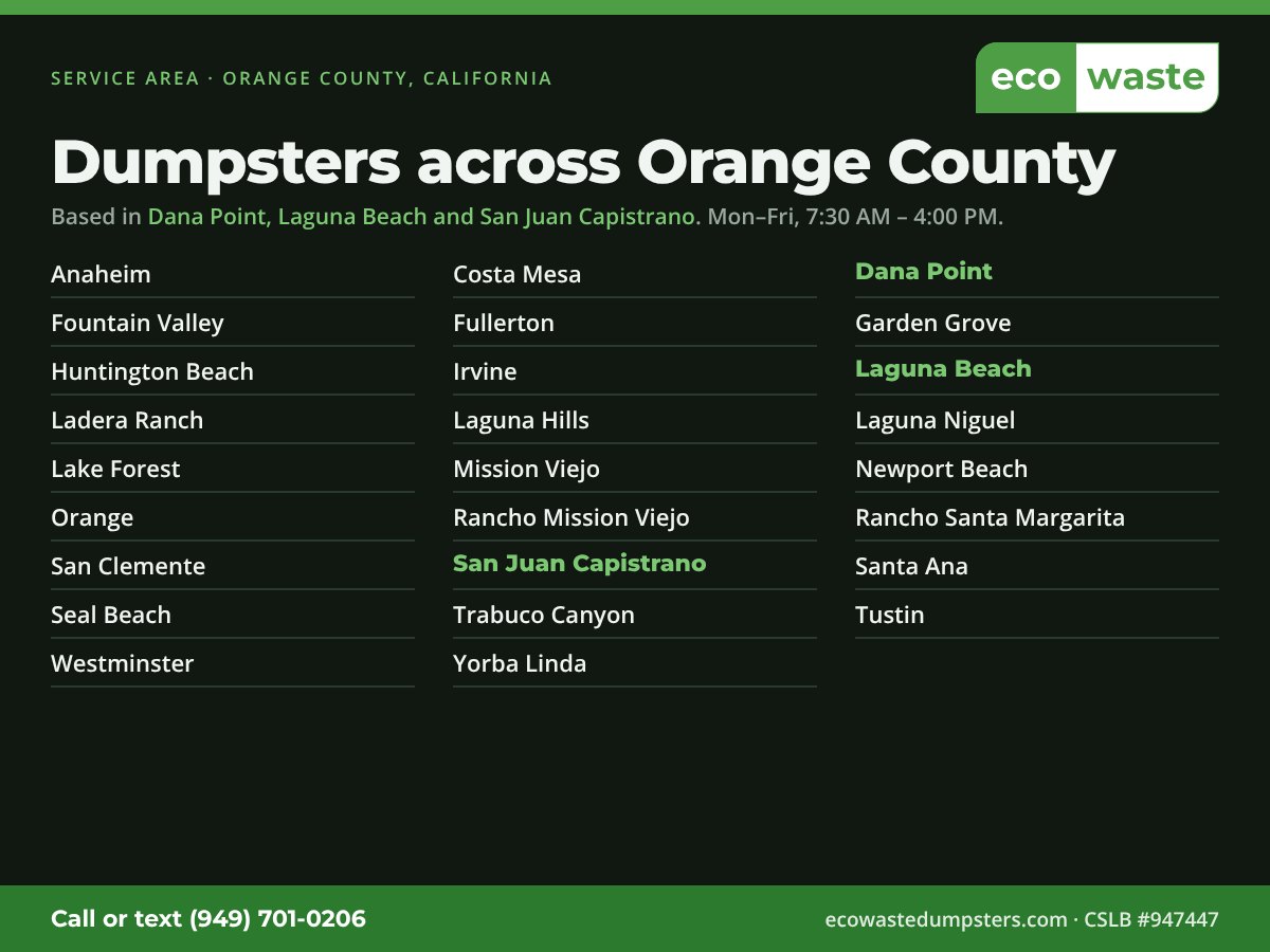 Eco Waste service area: based in Dana Point, Laguna Beach and San Juan Capistrano, serving Anaheim, Costa Mesa, Dana Point, Fountain Valley, Fullerton, Garden Grove, Huntington Beach, Irvine, Laguna Beach, Ladera Ranch, Laguna Hills, Laguna Niguel, Lake Forest, Mission Viejo, Newport Beach, Orange, Rancho Mission Viejo, Rancho Santa Margarita, San Clemente, Santa Ana, Seal Beach, Trabuco Canyon, Tustin, Westminster and Yorba Linda.