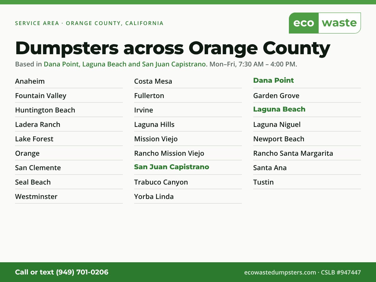 Eco Waste service area: based in Dana Point, Laguna Beach and San Juan Capistrano, serving Anaheim, Costa Mesa, Dana Point, Fountain Valley, Fullerton, Garden Grove, Huntington Beach, Irvine, Laguna Beach, Ladera Ranch, Laguna Hills, Laguna Niguel, Lake Forest, Mission Viejo, Newport Beach, Orange, Rancho Mission Viejo, Rancho Santa Margarita, San Clemente, Santa Ana, Seal Beach, Trabuco Canyon, Tustin, Westminster and Yorba Linda.