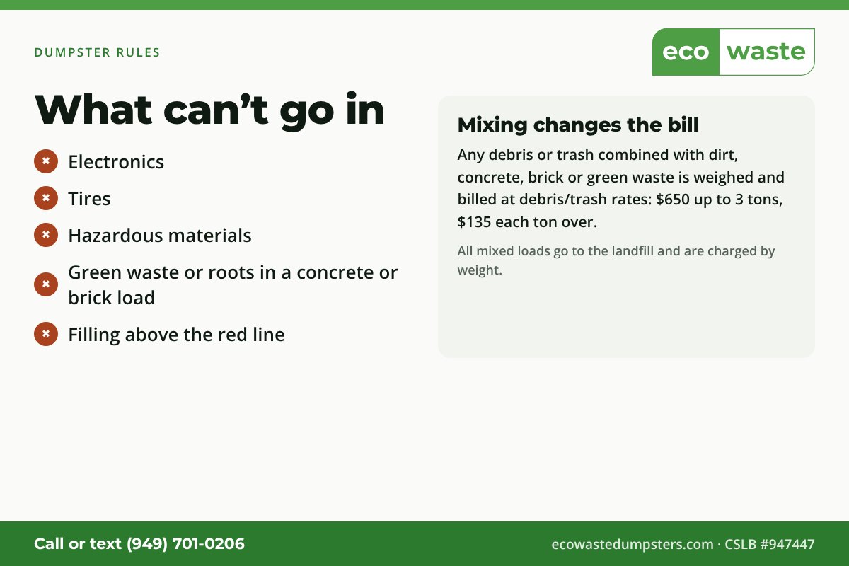 Not allowed in the dumpster: electronics, tires, hazardous materials. No green waste or roots in concrete or brick loads. Trash mixed with dirt, concrete, brick or green waste is weighed and billed at debris rates. Keep loads below the red line.